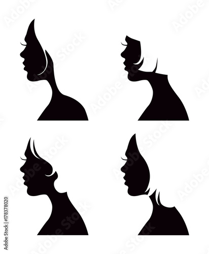 Set of black vector woman head silhouettes with different haircuts - beauty salon or hairdresser icons