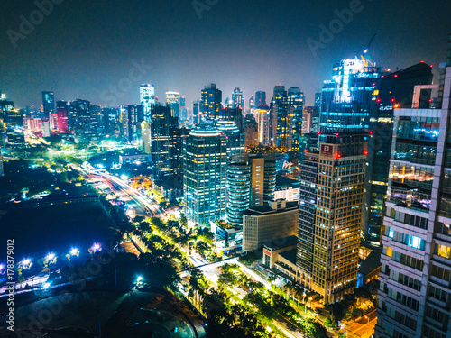 Aerial Views of Downtown Jakarta at Night