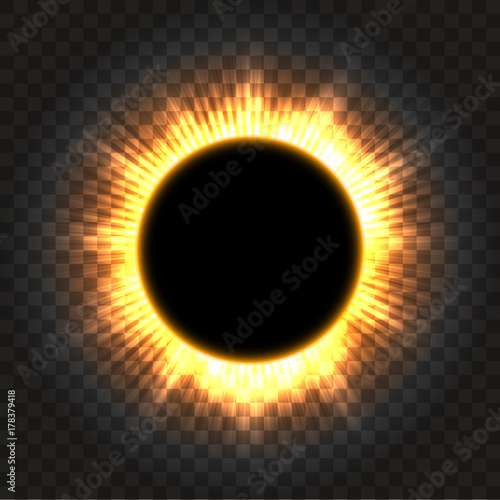Total solar eclipse vector illustration on transparent background. Full moon shadow sun eclipse with corona