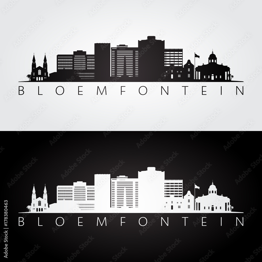 Bloemfontein skyline and landmarks silhouette, black and white design, vector illustration.