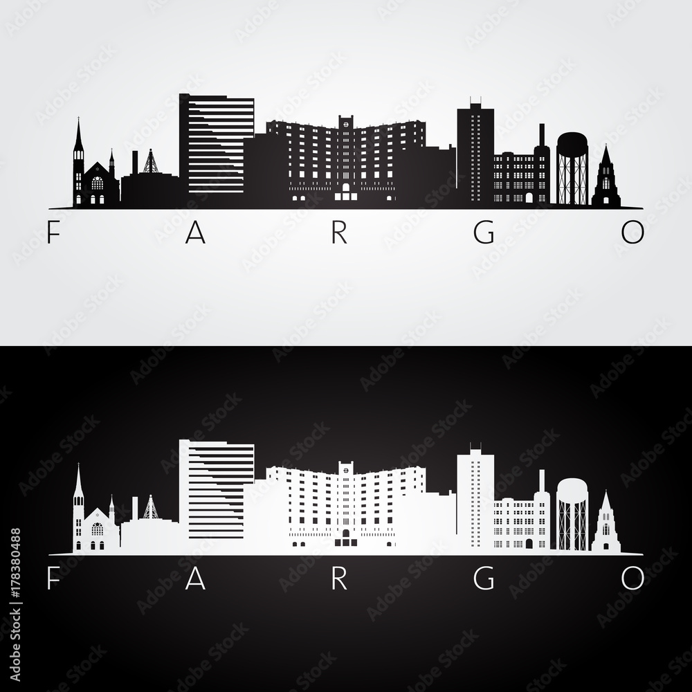Fargo usa skyline and landmarks silhouette, black and white design, vector illustration.