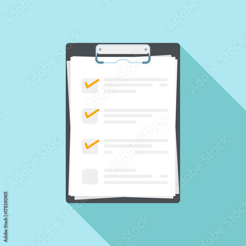 Vector illustration of clipboard with check list. Flat design with long shadow