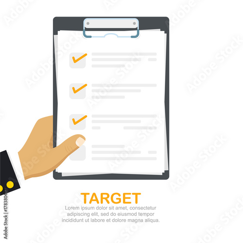 Vector illustration of hand holding paper. Planning and target concept