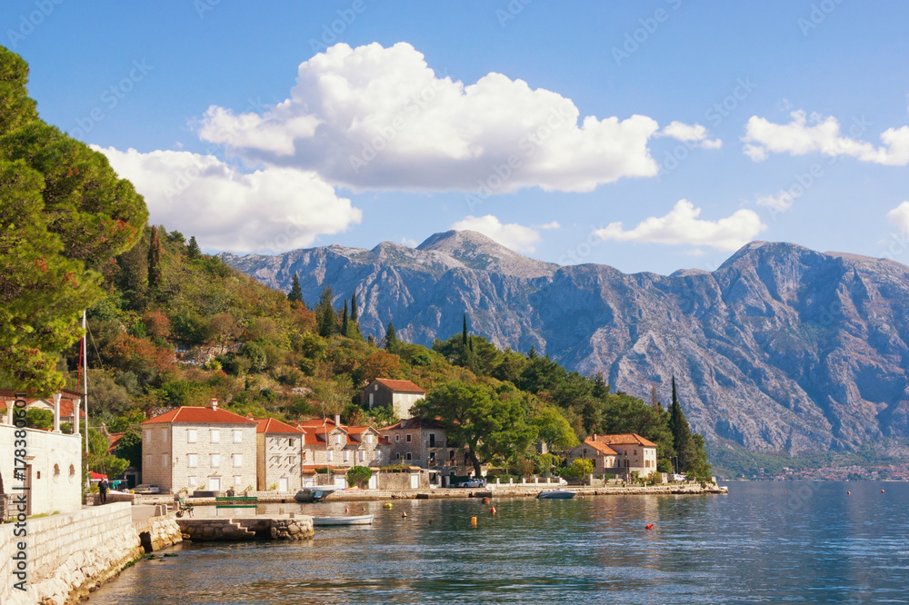 View of old Mediterranean town of Perast on the Bay of Kotor (Adriatic Sea), Montenegro, autumn