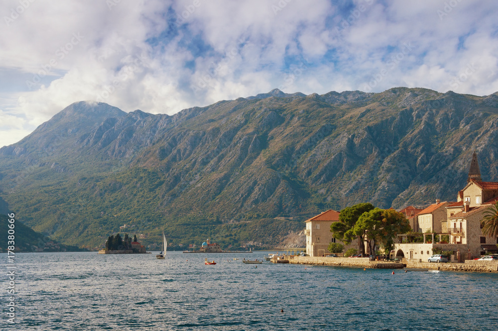 View of old Mediterranean town of Perast and islands of St. George and Our Lady of the Rocks. Bay of Kotor (Adriatic Sea), Montenegro, autumn