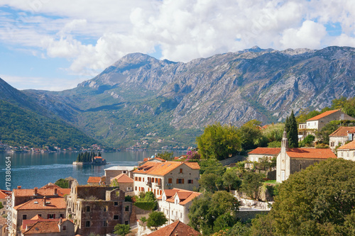 View of Perast town, Bay of Kotor and island of St. George. Montenegro, autumn