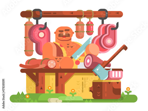 Butcher man cuts meat