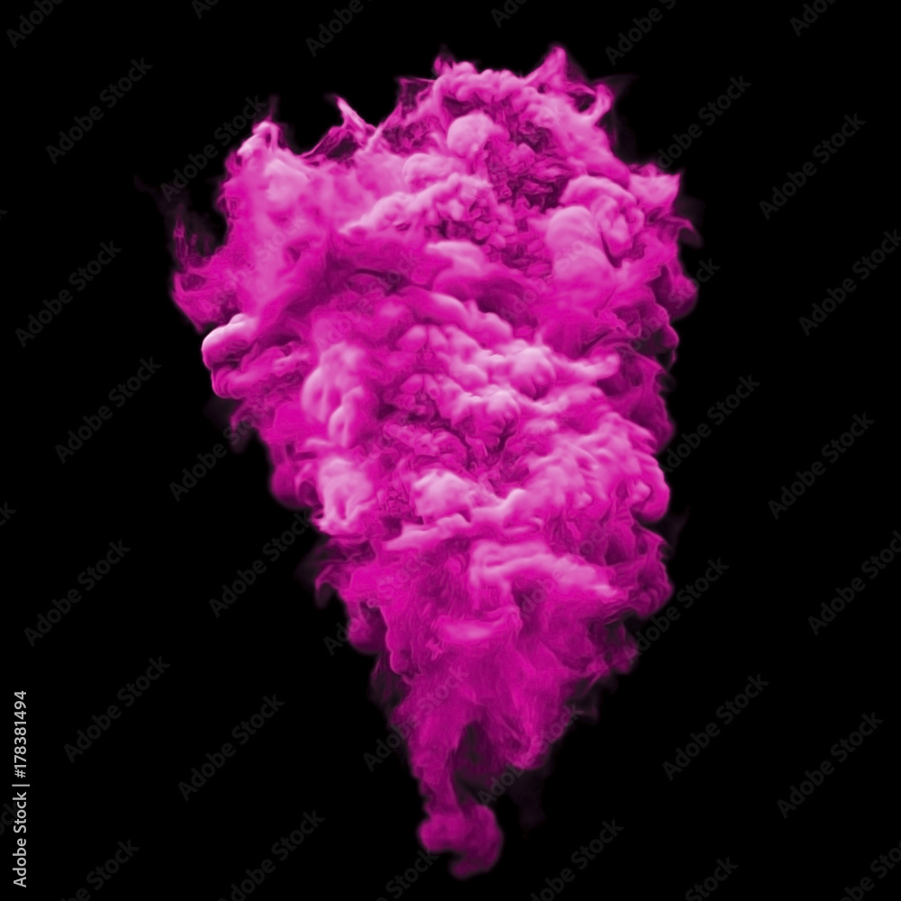 Paint powder explosion or pink color fluid liquid splash isolated on black background. Red color glitter burst magic effect of with glowing shimmer texture for fashion cosmetic background design