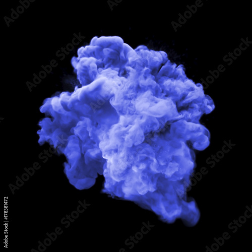 Paint powder or blue dust glitter explosion of stardust smoke isolated on black background. Particular fluid haze effect with magic glowing shimmering texture for fashion cosmetic background design