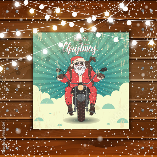 Christmas background with Greeting card with hand drawn Santa Claus on a motorbike with a backpack of gifts. Garlands. Hand made quote "Merry Christmas". Lettering, sketch. Banner, poster, brochure.