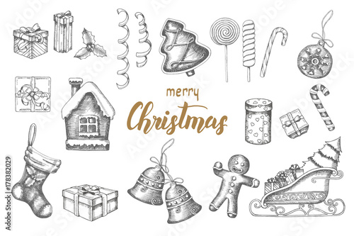 Christmas hand drawn objects Set. Doodle gingerbread, lollipops, gifts, bells, serpentine, Santa's sleigh, sock isolated on white. Sketch. Hand drawn lettering. Merry Christmas and Happy New Year.