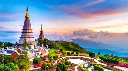 The best of landscape in Chiang mai. Pagodas Noppamethanedol & Noppapol Phumsiri at sunset in Inthanon mountain, Thailand. Time lapse 4K. photo