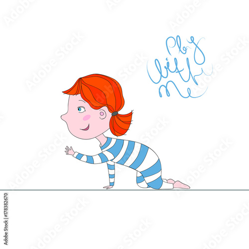 illustration with girl playing with kitten. text play with me