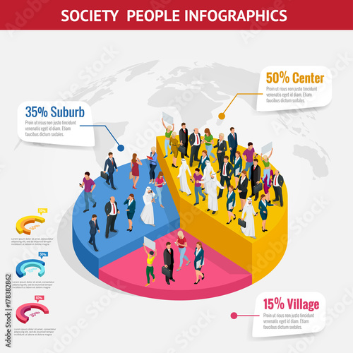 Infographic Society isometric background with people of different occupations. People meeting, discussing, planning, brainstorming at the blackboard