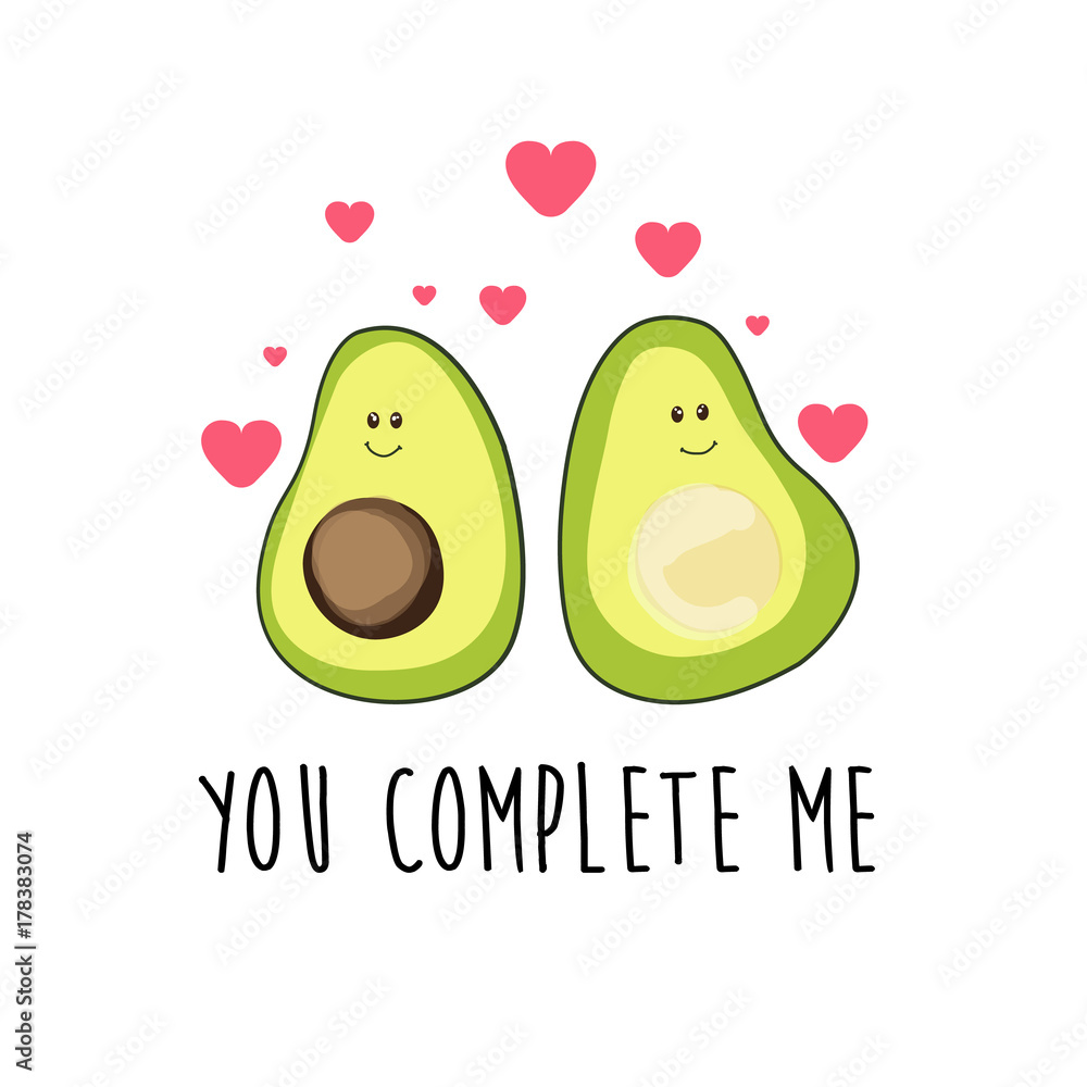 Cute cartoon avocado couple and love message, vector illustration ...