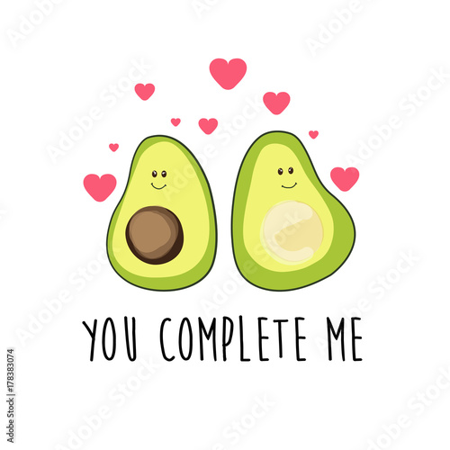 Cute cartoon avocado couple and love message, vector illustration