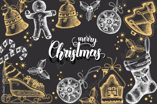 Christmas background with hand drawn golden doodle holly,bells,gingerbread,sleigh and christmas sock on black.Hand made quote "Merry Christmas".Sketch. Happy New Year. Vector. Banner, poster,brochure.