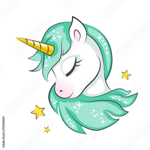 Cute magical unicorn is dreaming. Vector design isolated on white background. Print for t-shirt or sticker. Romantic hand drawing illustration for children.