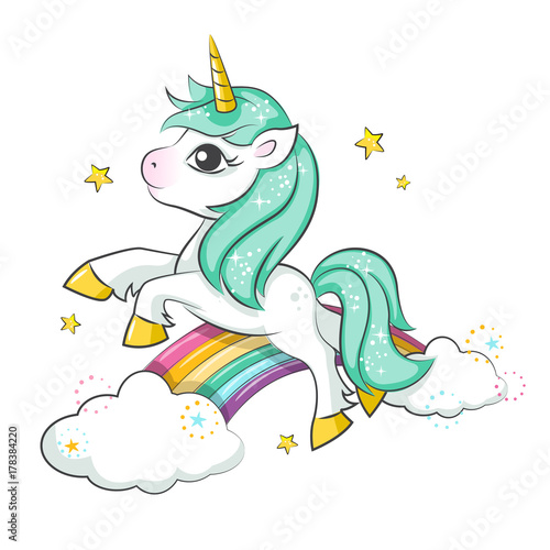Cute magical unicorn and raibow. Vector design isolated on white background. Print for t-shirt or sticker. Romantic hand drawing illustration for children.