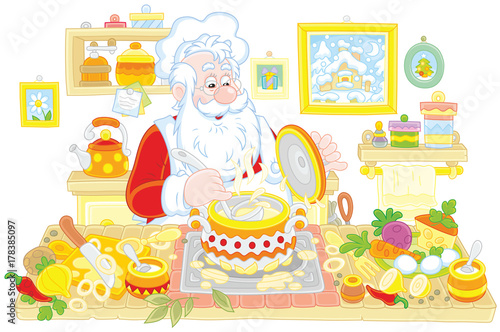 Santa Claus cooking soup in...