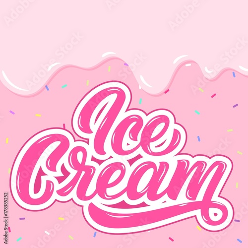 Ice Cream hand lettering, custom typography, cartoon letters on pink liquid background. Vector type illustration