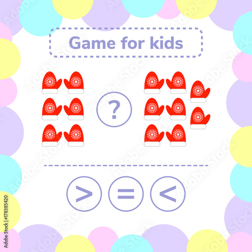 Vector illustration. Education logic game for preschool kids. Choose the correct answer. More, less or equal? mittens.