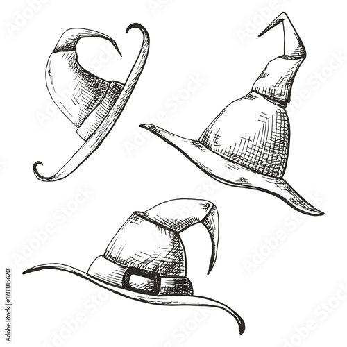 Hand drawn set of pointed caps isolated on white background. Vector illustration of a sketch style.