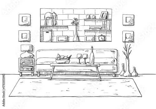 A table in front of the sofa. On the table, a bottle and glasses. A bedside table with a lamp. There is a carpet on the floor. Brick wall with shelves. Vector illustration of a sketch style.