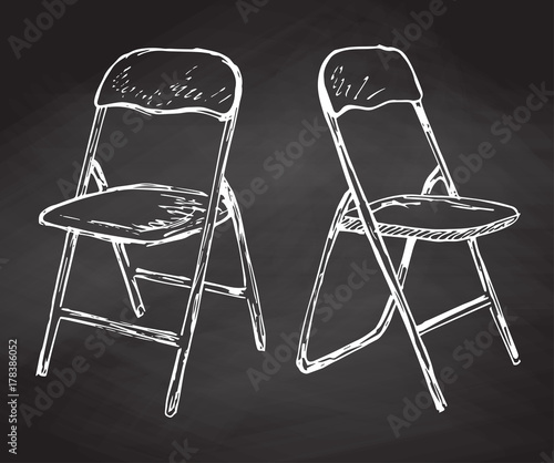 Two folding chairs hand drawn in chalk on a chalkboard. Vector illustration in a sketch style.