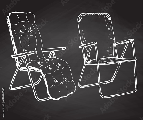 Two folding chairs hand drawn chalk on a chalkboard. Vector illustration in a sketch style
