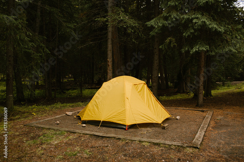 Yellow Tent Camping at a Campsite in the Woods © Eastlyn Bright