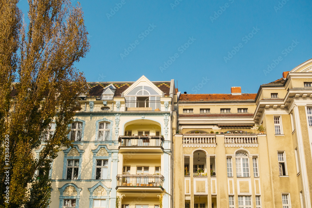 historical and expensive houses with autumn tree