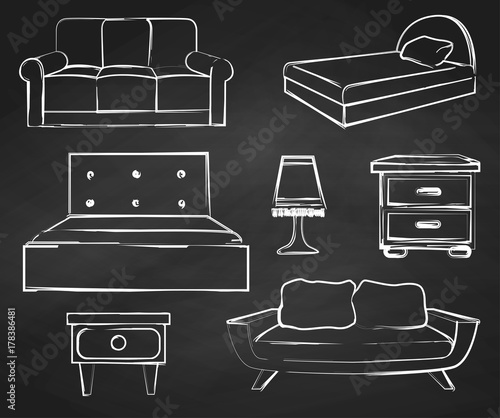 Sketch set isolated furniture. Drawn chalk on a chalkboard.Vector illustration in a sketch style.