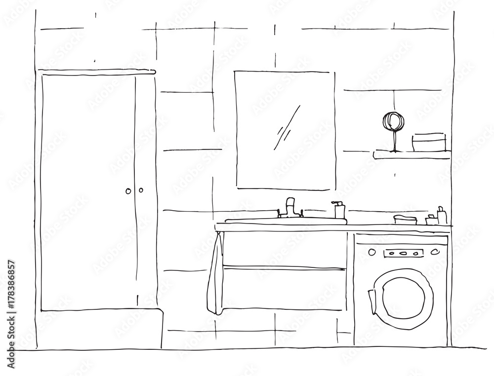 Hand drawn sketch. Linear sketch of an interior. Part of the bathroom. Vector illustration Hand drawn sketch. Linear sketch of an interior. Part of the bathroom. Vector illustration