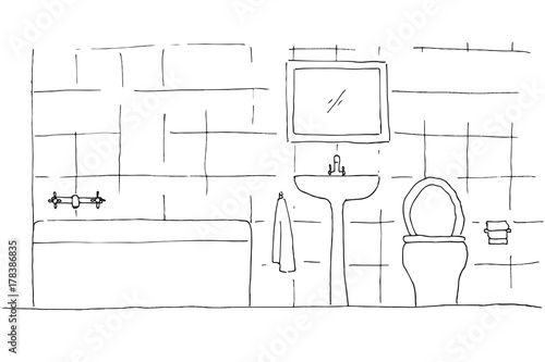 Hand drawn sketch. Linear sketch of an interior. Part of the bathroom. Vector illustration
