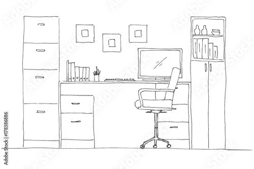 Sketch the room. Office chair, desk, various objects on the table. Sketch workspace. Vector illustration