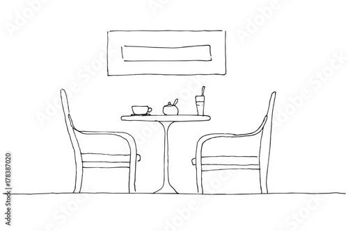 Two armchairs and a table. On the table there is a mug, a glass and a sugar bowl. Hand drawn vector illustration