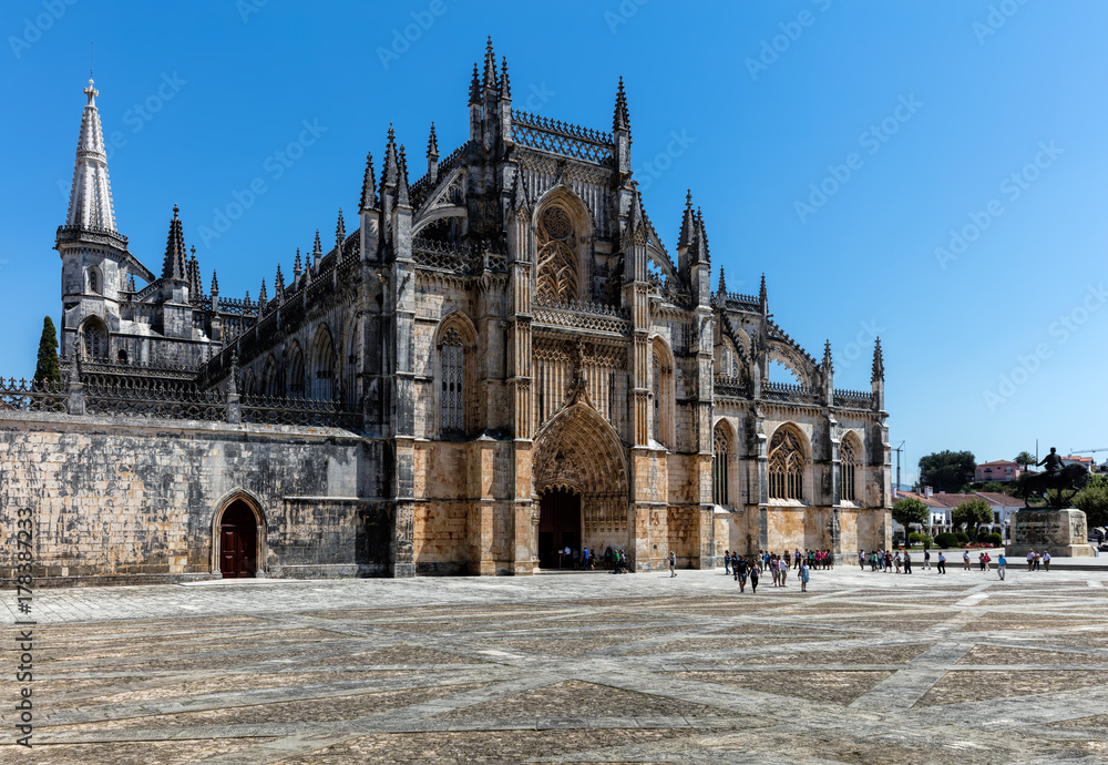 Medieval Batalha Monastery in Batalha, Portugal, a prime example of Portuguese Gothic architecture, UNESCO World Heritage site, started in 1386 but never actually completed.