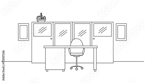 Work desk with an office chair. Office furniture. Interior with a linear style. Vector illustration.