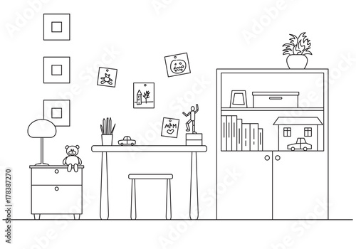 Children's room. In the corner of the room is a bed, next to a closet, table, chair. Vector illustration in a line style