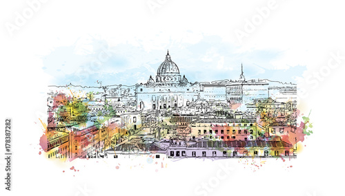 Watercolor sketch with splash of View of Rome from Castel Sant' Angelo in vector illustration. Skyline of Rome, Italy. Rome architecture and landmark, Rome cityscape