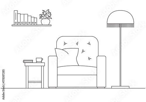 Armchair, next to a floor lamp. Shelf with books, frames on the wall. Linear sketch of the interior in a modern style.