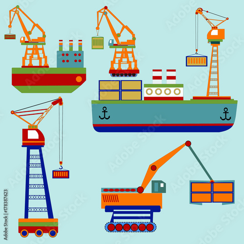 Crane and the cargo boats vector art.
