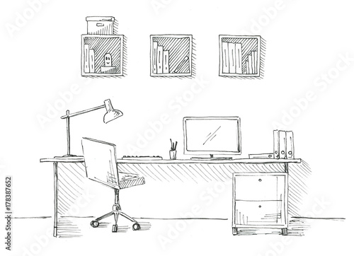 Sketch the room. Office chair, desk, various objects on the table. Sketch workspace.