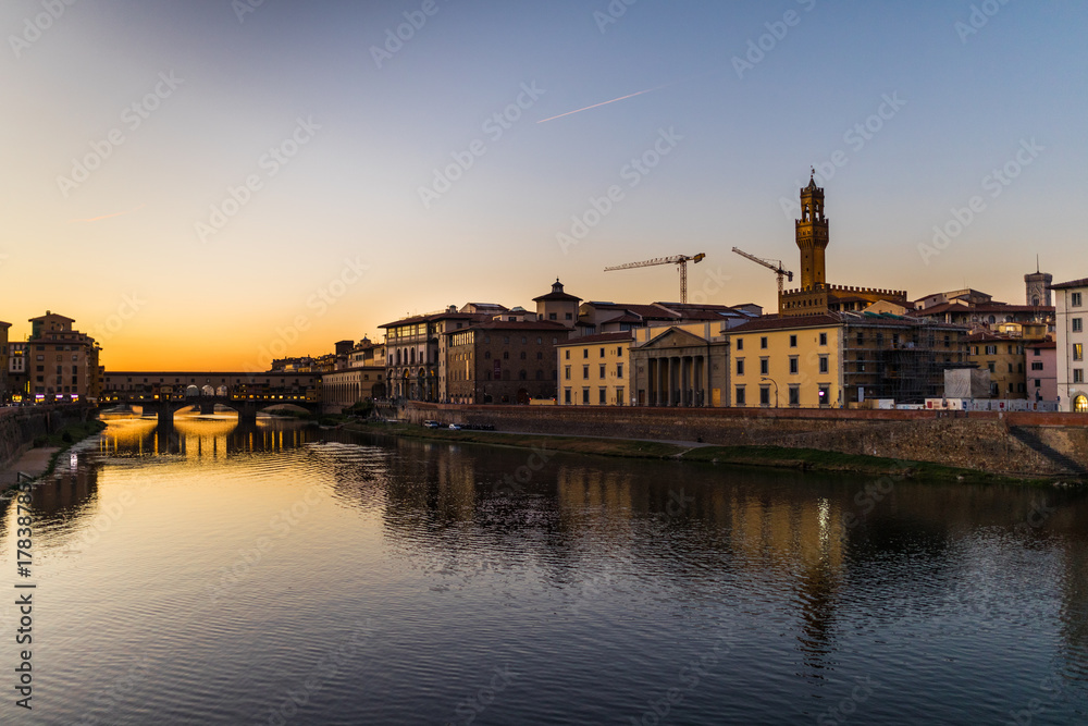 Florence, Italy - October, 2017. Ponte Vecchio bridge in Florence, Italy. Arno River at night. Tuscany. Travel destination.