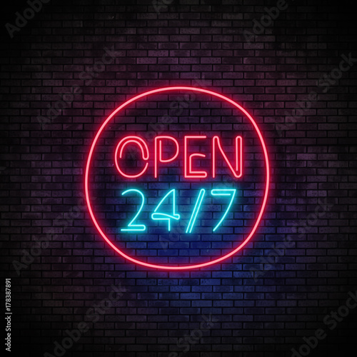 Open 24/7 Hours Neon Light on Brick Wall. 24 Hours Night Club Bar Blinking Electric Sign. 3d render illustration. photo