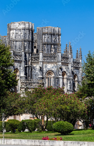 The Unfinished Chapels of the 14th century Batalha Monastery in Batalha, Portugal, a prime example of Portuguese Gothic architecture, UNESCO World Heritage site.
