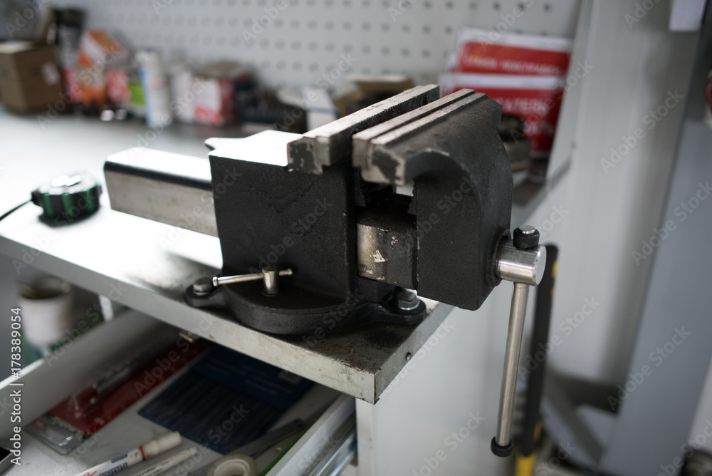 Vise on the table in the workshop