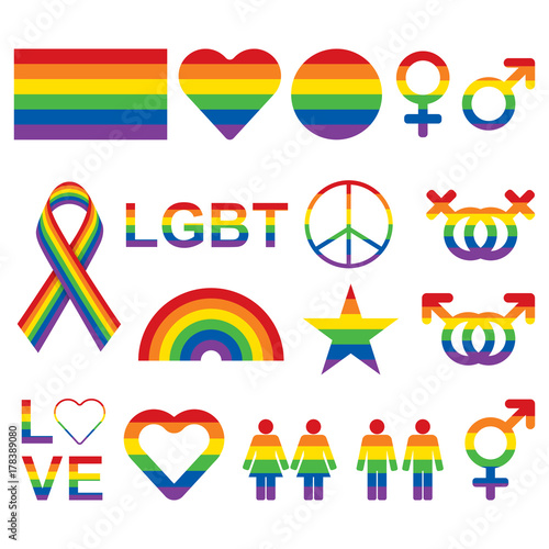 LGBT related symbols set in rainbow colors. Pride, freedom flags, hearts