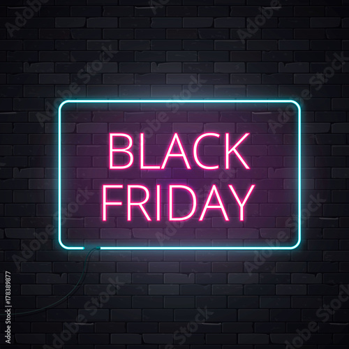 Black friday sale neon frame sign light electric banner glowing on black brickwall background, vector illustration